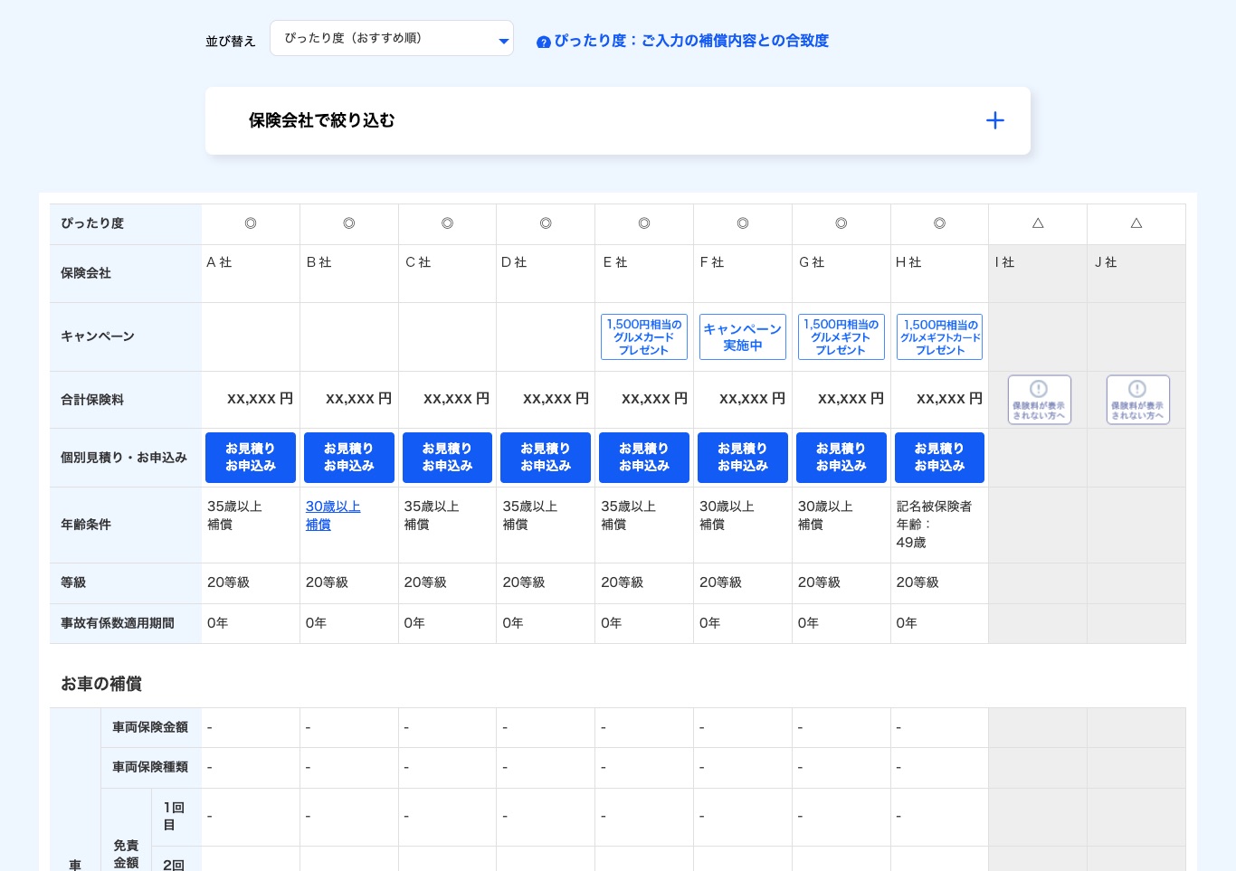 比較見積もり結果画面