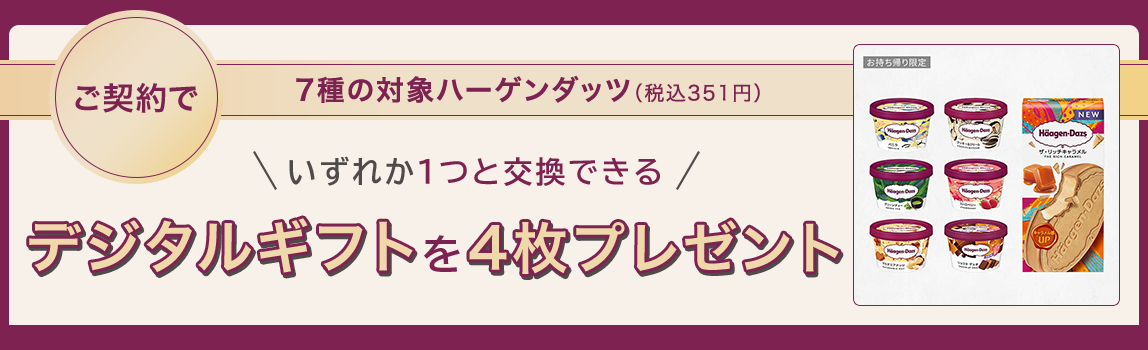 【お持ち帰り限定】ご契約でハーゲンダッツ1つと交換できるデジタルギフトを4枚プレゼント