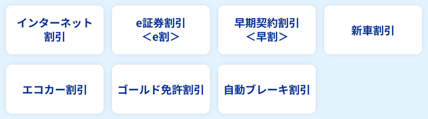 インターネット割引、e証券割引＜e割＞、早期契約割引＜早割＞、新車割引、エコカー割引、ゴールド免許割引、自動ブレーキ割引