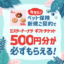 今なら！ペット保険新規ご契約でミスタードーナツ ギフトチケット500円分が必ずもらえる！