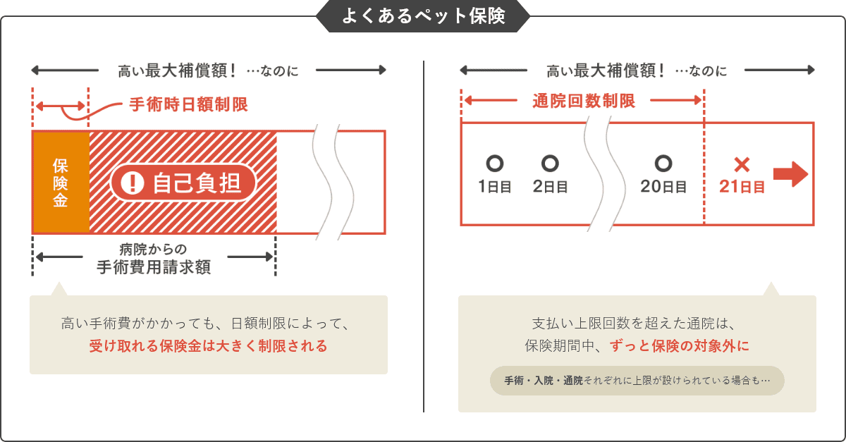 よくあるペット保険｜高い手術費がかかっても、日額制限によって、受け取れる保険金は大きく制限される。支払い上限回数を超えた通院は、保険期間中、ずっと保険の対象外に。手術・入院・通院それぞれに上限が設けられている場合も…