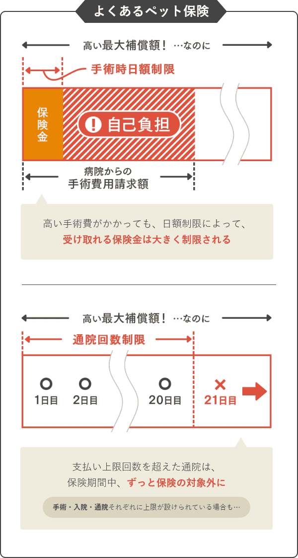 よくあるペット保険｜高い手術費がかかっても、日額制限によって、受け取れる保険金は大きく制限される。支払い上限回数を超えた通院は、保険期間中、ずっと保険の対象外に。手術・入院・通院それぞれに上限が設けられている場合も…