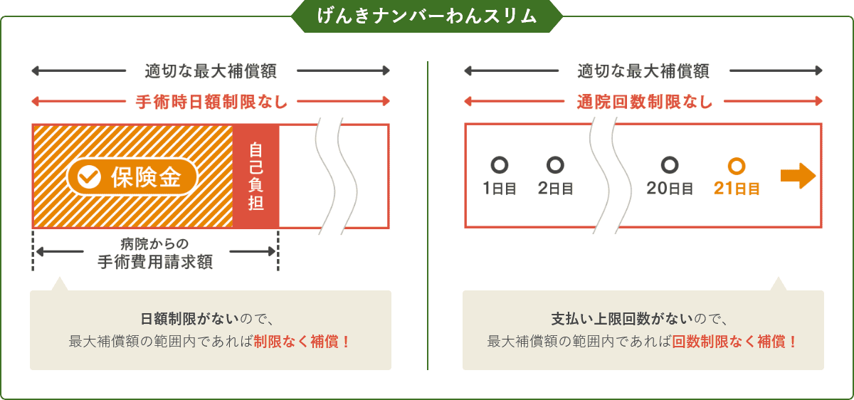 げんきナンバーわんスリム｜日額制限がないので、最大補償額の範囲内であれば制限なく補償！支払い上限回数がないので、最大補償額の範囲内であれば回数制限なく補償！