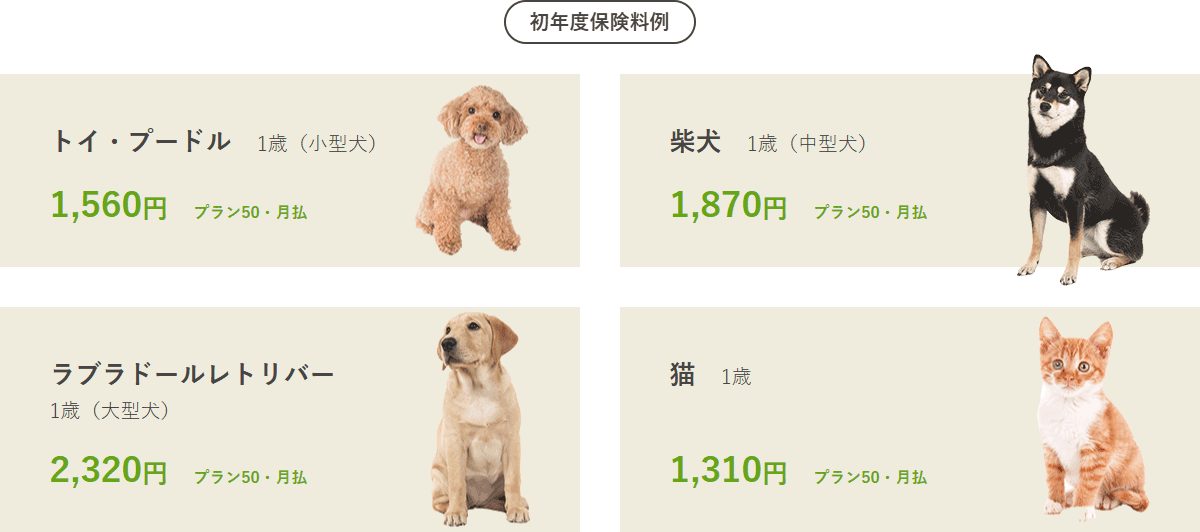 保険料例｜トイ・プードル 1歳（小型犬） 1,560円 プラン50・月払、柴犬 1歳（中型犬） 1,870円 プラン50・月払、ラブラドールレトリバー 1歳（大型犬） 2,320円 プラン50・月払、猫 1歳 1,310円 プラン50・月払