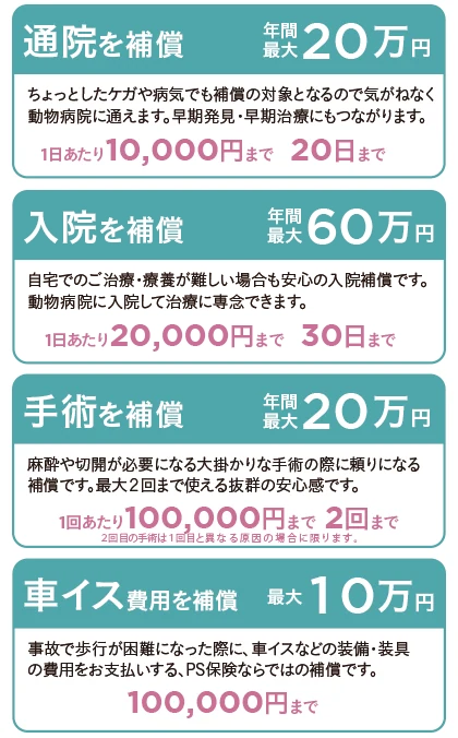 通院補償は年間最大20万円　入院補償は年間最大60万円　手術補償は年間最大20万円　車イス費用補償は最大10万円